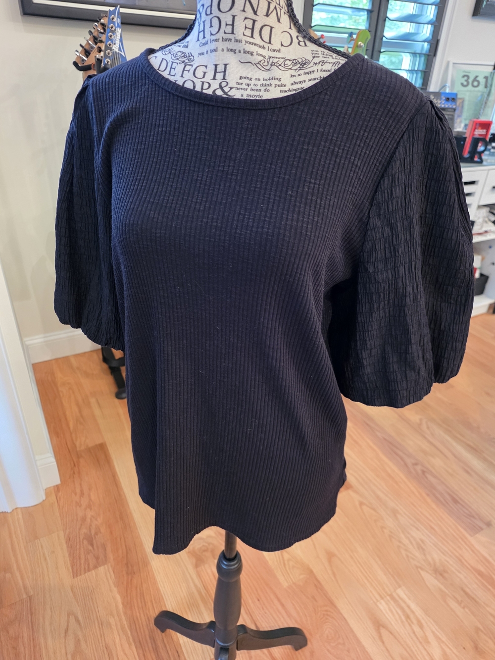 Nine West Black Ribbed Puff-Sleeve Top